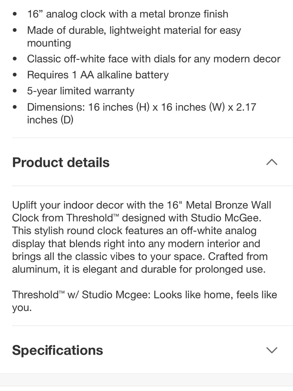 Studio McGee 16” Metal  Bronze Wall Clock with Analog Display